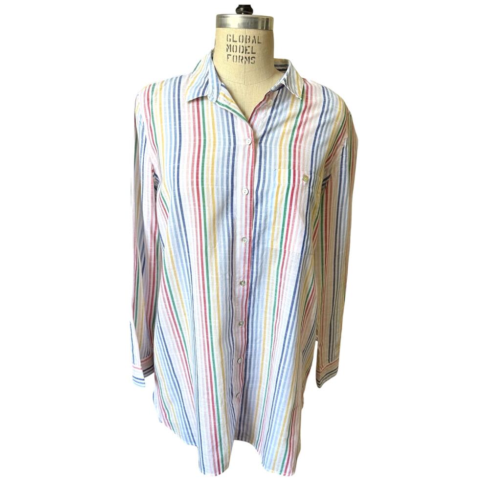 Montego Rainbow Button Down Shirt Fun Rainbow Stripe Size 42/ US 10 Cotton